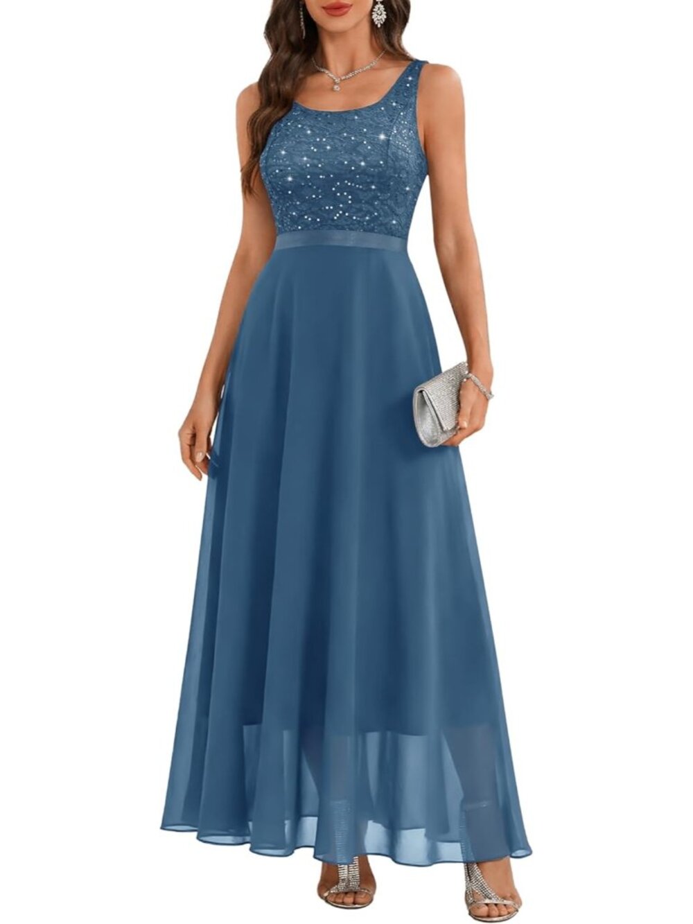Women's Grey Blue A LINE Sequin Silhouette Shimmer Mesh Cocktail Maxi Dress